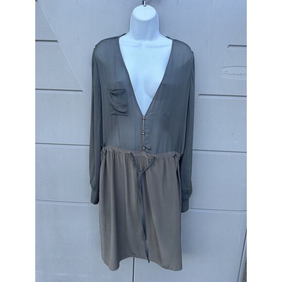 Chloe Sheer Olive Green 100% Silk V-neck Drop Waist Dress Gold Buttons FR40/US 8 - Picture 2 of 16
